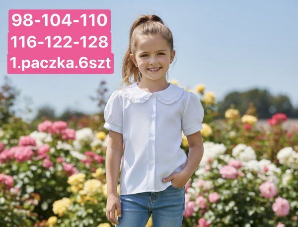 Koszule dziewczęce Roz 98-128, 1 kolor Paczka 6 szt